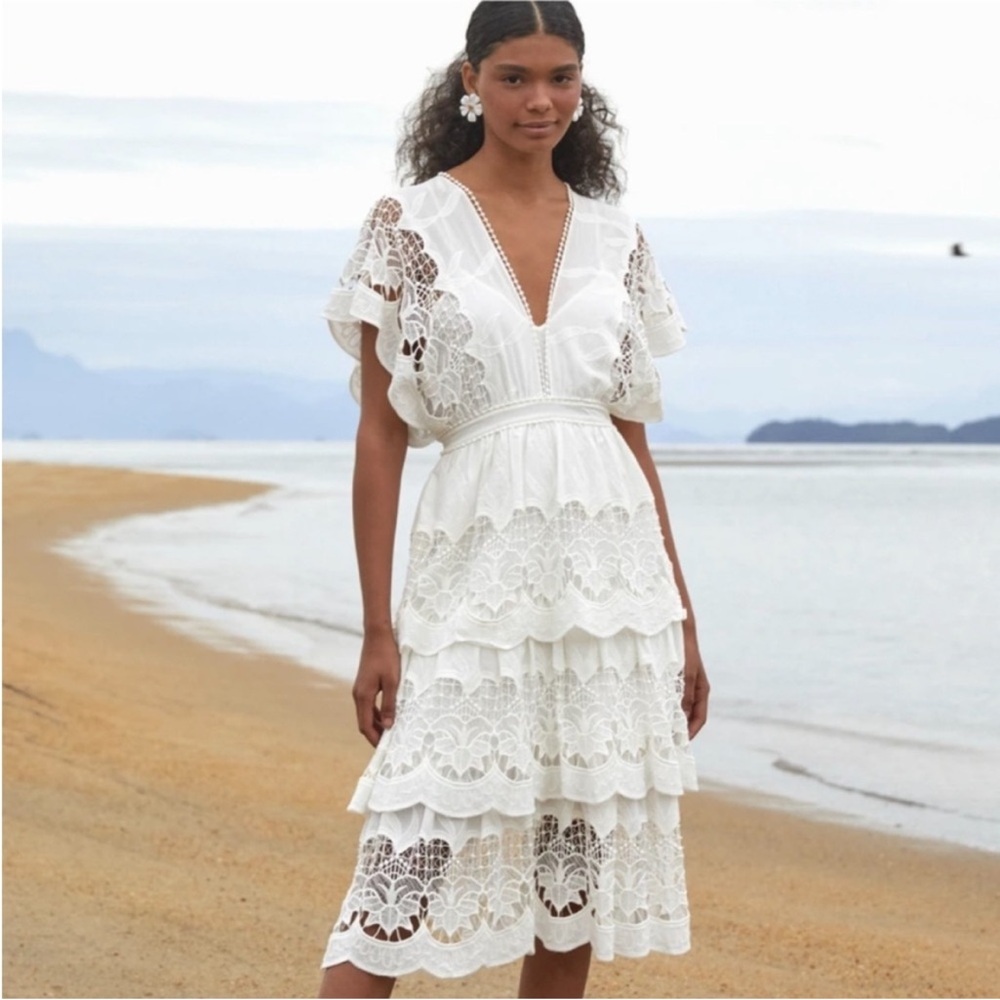FARM Rio White Lace Midi Dress
